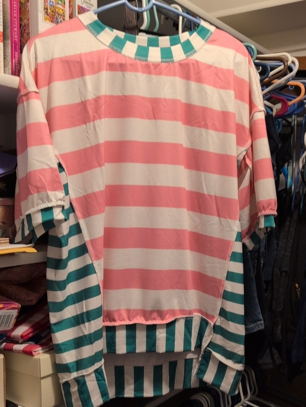 Woman's Pink & Teal Stripe Short Sleeve Top